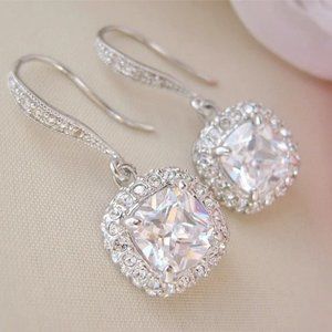 Silver Diamond CZ Cushion Cut Earrings Square Halo Drop Wedding Nadri Style
